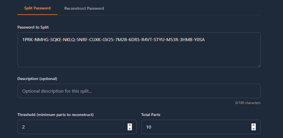 Password Split Recovery Code