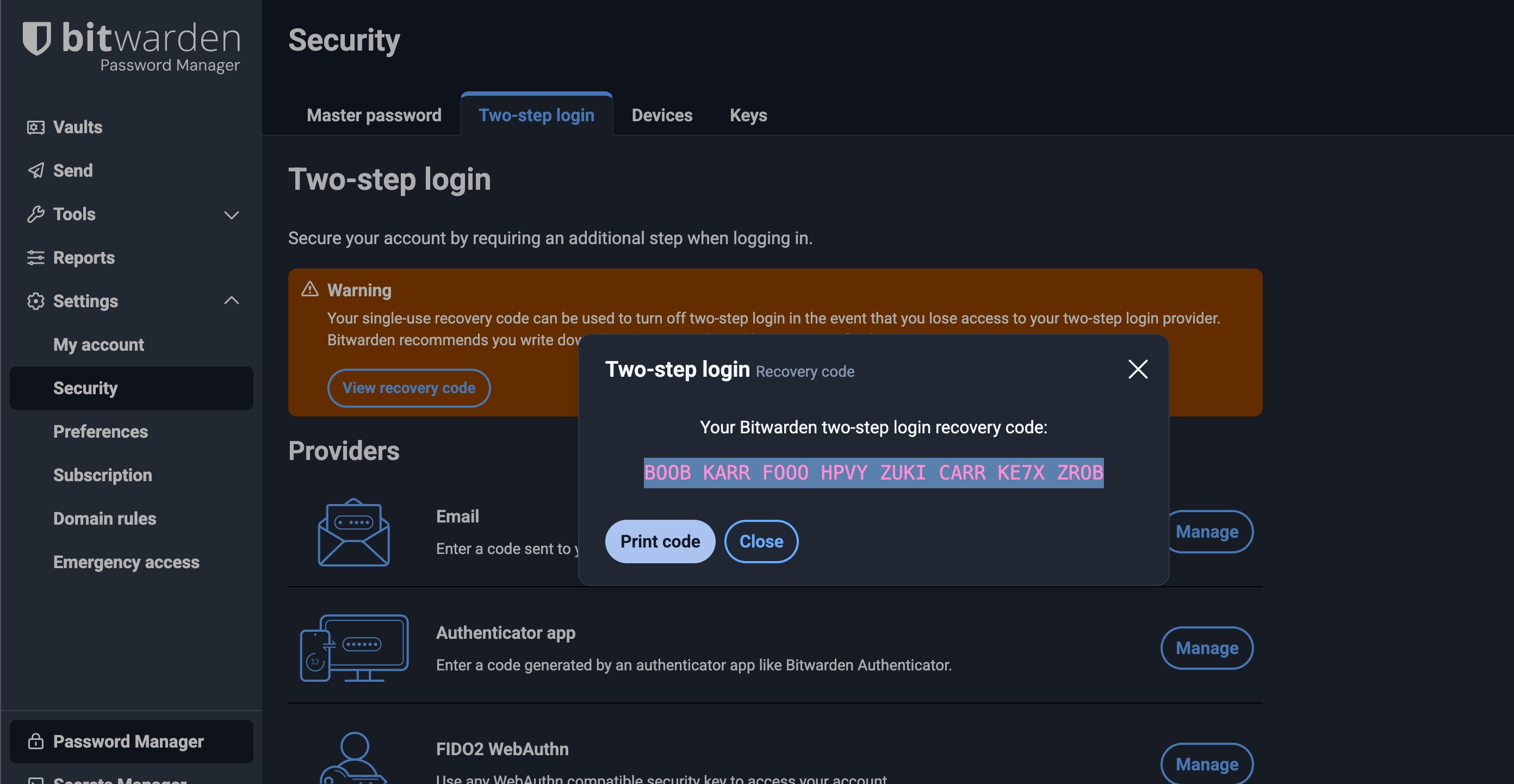 Copy Bitwarden Recovery Code