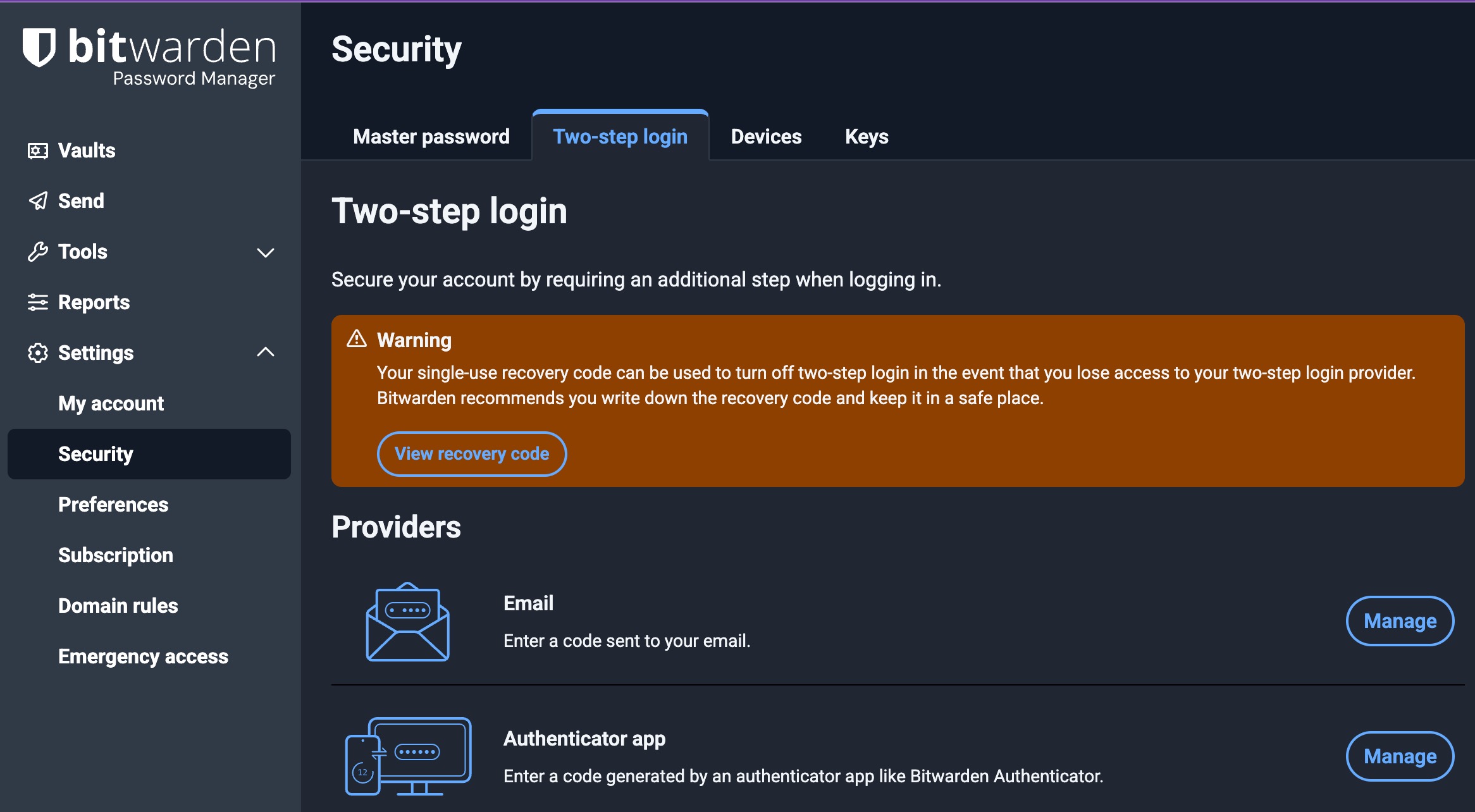Bitwarden Security Settings